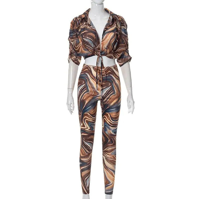 2 Piece Set Abstract Print Sheer Mesh Outfits - CLICK TIK