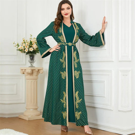 2 Piece Set Muslim Embroidery Open Abaya Women Maxi Dress Kimono Kaftan Dubai Party Belted Morocco Dresses Turkey Islamic Cloth - CLICK TIK