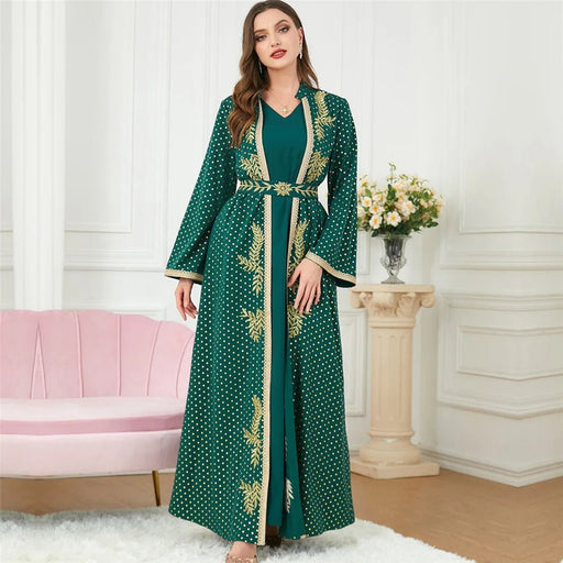 2 Piece Set Muslim Embroidery Open Abaya Women Maxi Dress Kimono Kaftan Dubai Party Belted Morocco Dresses Turkey Islamic Cloth - CLICK TIK