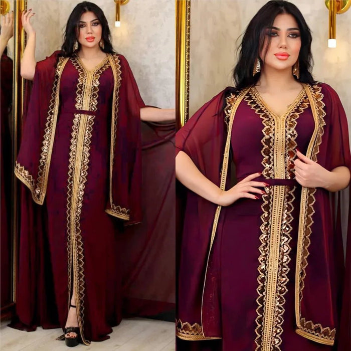 2024 Abayas for Women Dubai Elegant Muslim Women Dress 2 Piece Set Chiffon Cloak Sleeve Kaftan Plus Size Party Sequin Robes - CLICK TIK