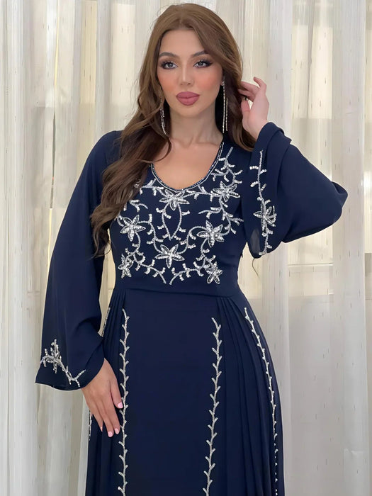 2024 Dress for Women Spring Summer Fashion Muslim Women Long Sleeve Polyester Kaftan Embroidery Long Maxi Dress Abaya Dubai - CLICK TIK