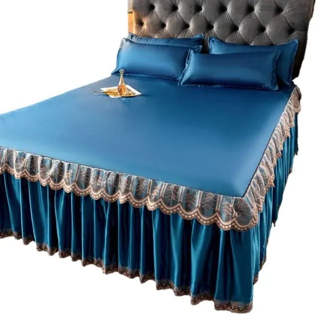 3 Pcs Set Modern Royal Blue Bedspread Cool Bed Skirt Machine Washable Sheets Bed with Elastic Band for Queen King Size - CLICK TIK