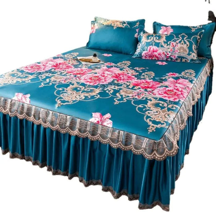 3 Pcs Set Modern Royal Blue Bedspread Cool Bed Skirt Machine Washable Sheets Bed with Elastic Band for Queen King Size - CLICK TIK