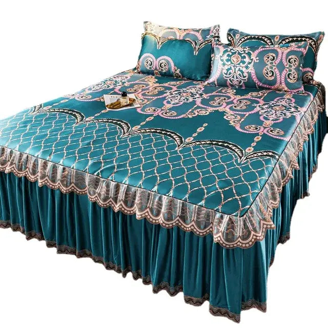 3 Pcs Set Modern Royal Blue Bedspread Cool Bed Skirt Machine Washable Sheets Bed with Elastic Band for Queen King Size - CLICK TIK