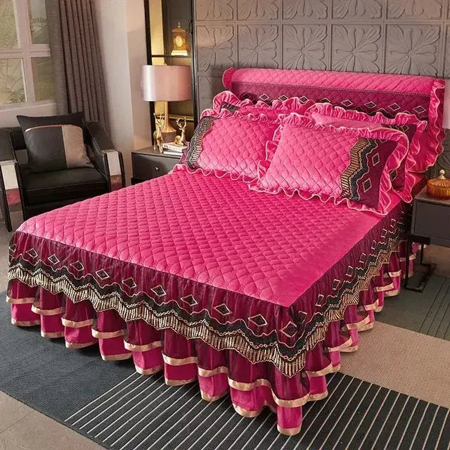 Luxury Winter Crystal Velvet Thicken Quilted Bedspread King Queen Size Flannel Bed Skirt Not Including Pillowcase