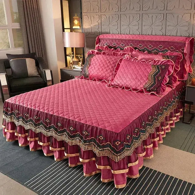 Luxury Winter Crystal Velvet Thicken Quilted Bedspread King Queen Size Flannel Bed Skirt Not Including Pillowcase