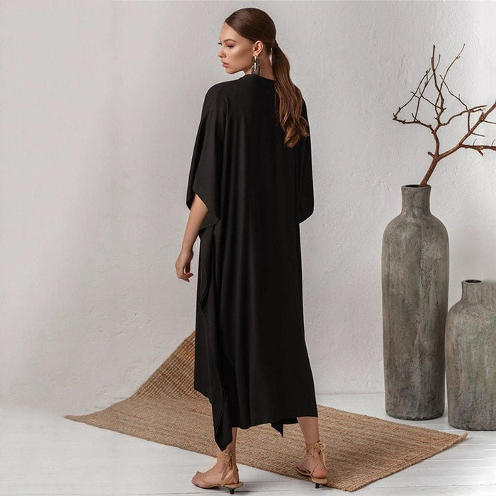 Black Silky V - neck European and American Loose Simple Dress - CLICK TIK