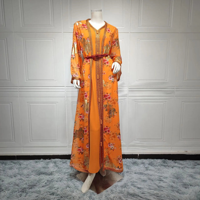 Djellaba Marocaine Two Piece Muslim Dress Chiffon Print Belted Kaftan Ramadan Gown Abayas Islamic Cloth Turkish Women Clothes - CLICK TIK