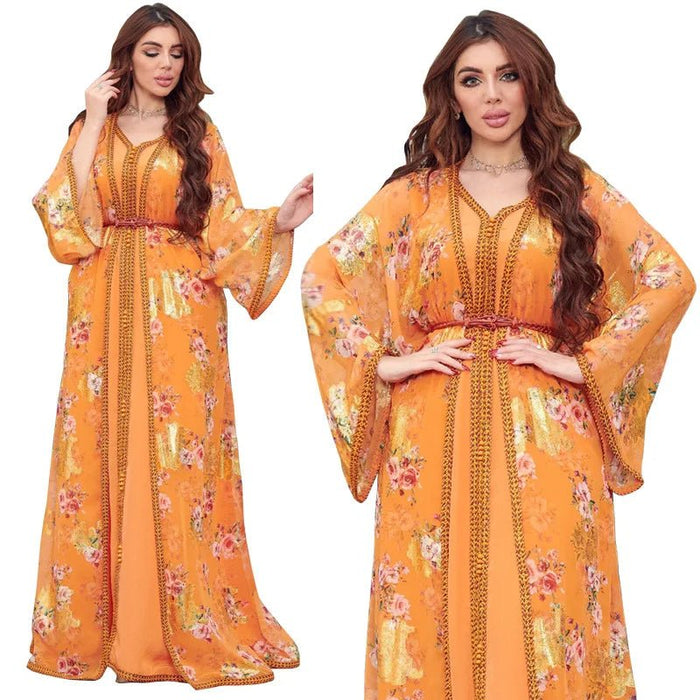 Djellaba Marocaine Two Piece Muslim Dress Chiffon Print Belted Kaftan Ramadan Gown Abayas Islamic Cloth Turkish Women Clothes - CLICK TIK