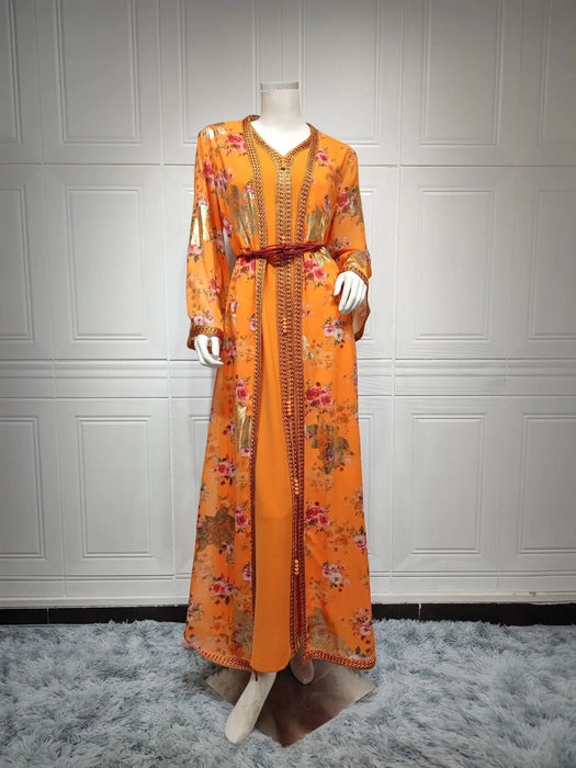 Djellaba Marocaine Two Piece Muslim Dress Chiffon Print Belted Kaftan Ramadan Gown Abayas Islamic Cloth Turkish Women Clothes - CLICK TIK