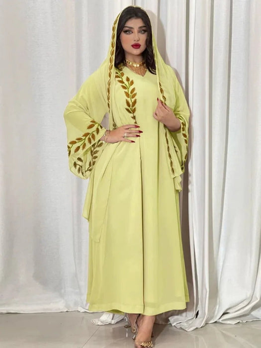 Eid Muslim Abaya for Women Embroidery Dress with Scarf 2 Piece Set Dubai Arab Long Robe Morocco Abayas Kaftan Headscarf Gorgeous - CLICK TIK