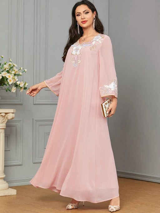 Eid Muslim Party Dress for Women Ramadan Abaya Long Dress Pink Elbise Morocco Kaftan Vestidos Largos Dubai Robe Jalabiya 2024 - CLICK TIK