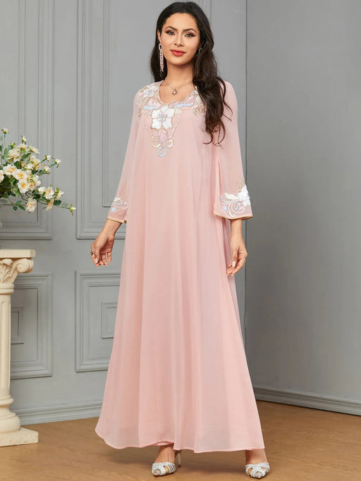 Eid Muslim Party Dress for Women Ramadan Abaya Long Dress Pink Elbise Morocco Kaftan Vestidos Largos Dubai Robe Jalabiya 2024 - CLICK TIK