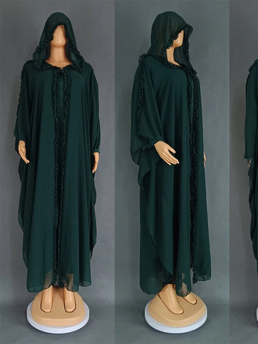 Eid Muslim Party Hoody Dress Women 2 Piece Chiffon Ramadan Abaya Hooded with Cloak Kaftan Vestidos Largos Robe Jalabiya 2024 - CLICK TIK