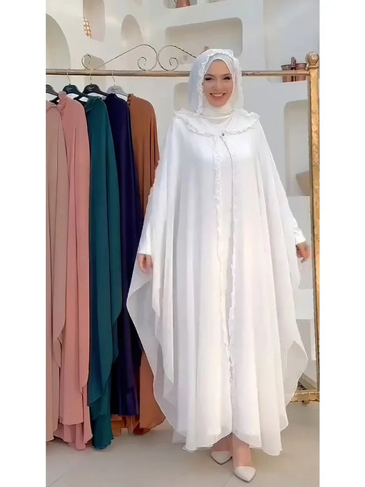 Eid Muslim Party Hoody Dress Women 2 Piece Chiffon Ramadan Abaya Hooded with Cloak Kaftan Vestidos Largos Robe Jalabiya 2024 - CLICK TIK