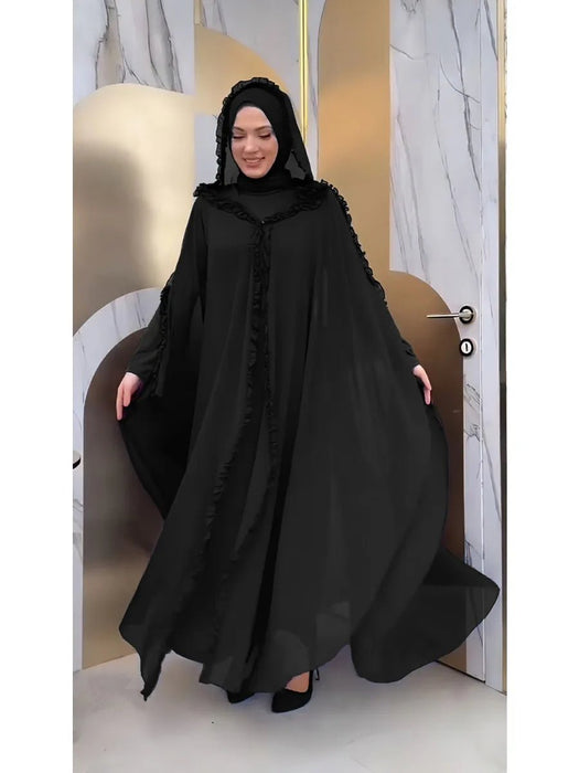 Eid Muslim Party Hoody Dress Women 2 Piece Chiffon Ramadan Abaya Hooded with Cloak Kaftan Vestidos Largos Robe Jalabiya 2024 - CLICK TIK