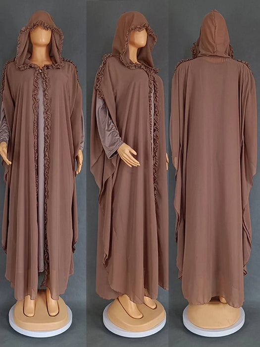 Eid Muslim Party Hoody Dress Women 2 Piece Chiffon Ramadan Abaya Hooded with Cloak Kaftan Vestidos Largos Robe Jalabiya 2024 - CLICK TIK