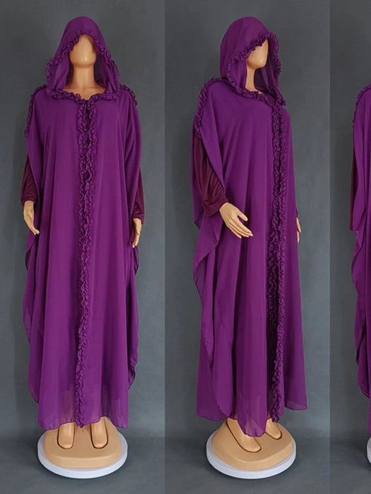 Eid Muslim Party Hoody Dress Women 2 Piece Chiffon Ramadan Abaya Hooded with Cloak Kaftan Vestidos Largos Robe Jalabiya 2024 - CLICK TIK