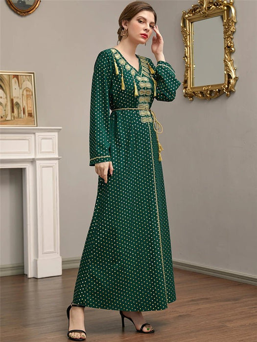 Elegant Muslim Women Dress Green Lace - up Ramadan Kaftan Abaya Dubai Djellaba Pakistan IslamTurkey Dresses for Women Robe Caftan - CLICK TIK