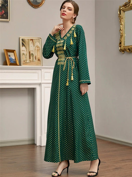 Elegant Muslim Women Dress Green Lace - up Ramadan Kaftan Abaya Dubai Djellaba Pakistan IslamTurkey Dresses for Women Robe Caftan - CLICK TIK