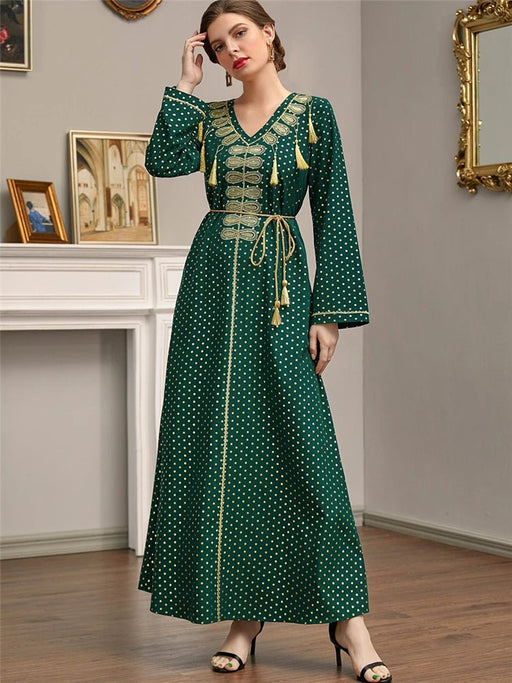 Elegant Muslim Women Dress Green Lace - up Ramadan Kaftan Abaya Dubai Djellaba Pakistan IslamTurkey Dresses for Women Robe Caftan - CLICK TIK