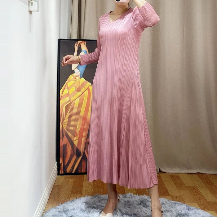 HOT SELLING fashion solid dress long sleeve v - neck A - Line dress IN STOCK - CLICK TIK