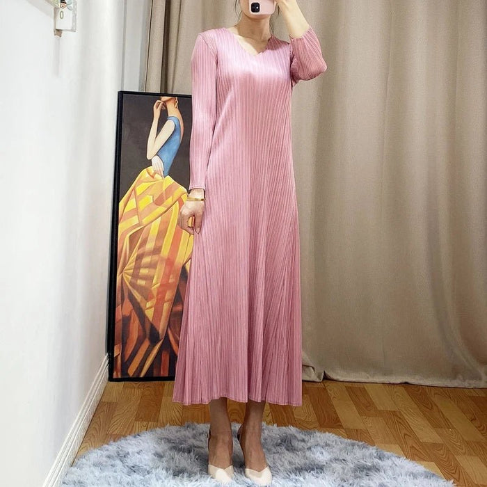 HOT SELLING fashion solid dress long sleeve v - neck A - Line dress IN STOCK - CLICK TIK