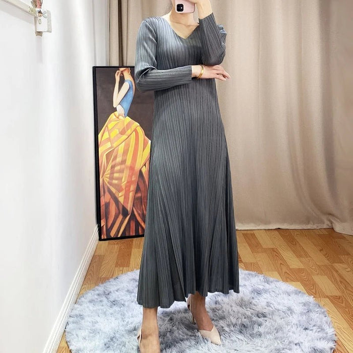 HOT SELLING fashion solid dress long sleeve v - neck A - Line dress IN STOCK - CLICK TIK