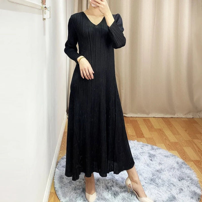 HOT SELLING fashion solid dress long sleeve v - neck A - Line dress IN STOCK - CLICK TIK