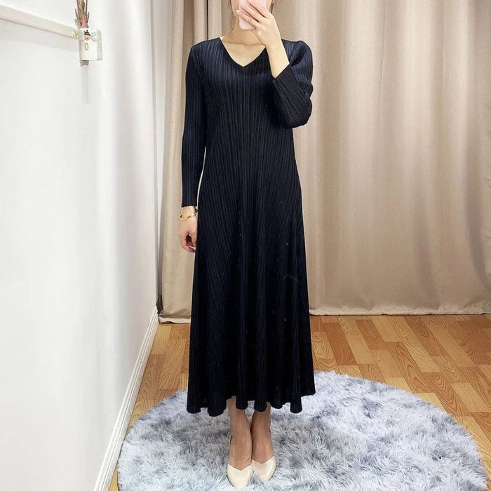 HOT SELLING fashion solid dress long sleeve v - neck A - Line dress IN STOCK - CLICK TIK