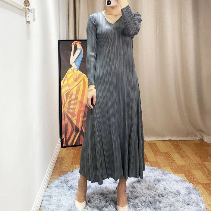 HOT SELLING fashion solid dress long sleeve v - neck A - Line dress IN STOCK - CLICK TIK