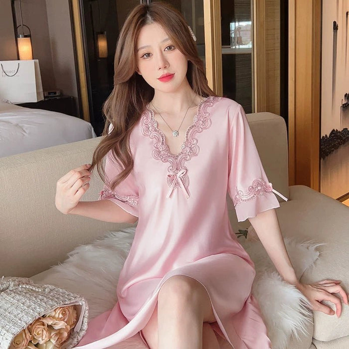 Ice Silk Women's Summer Net Red Wind Short - Sleeved Sexy Nightdress - CLICK TIK