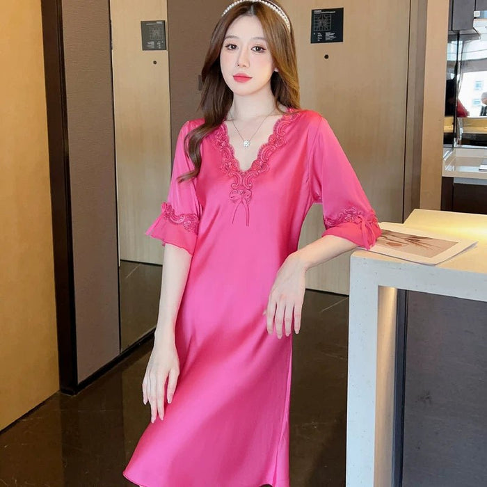 Ice Silk Women's Summer Net Red Wind Short - Sleeved Sexy Nightdress - CLICK TIK