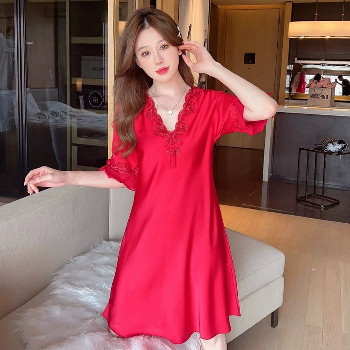 Ice Silk Women's Summer Net Red Wind Short - Sleeved Sexy Nightdress - CLICK TIK