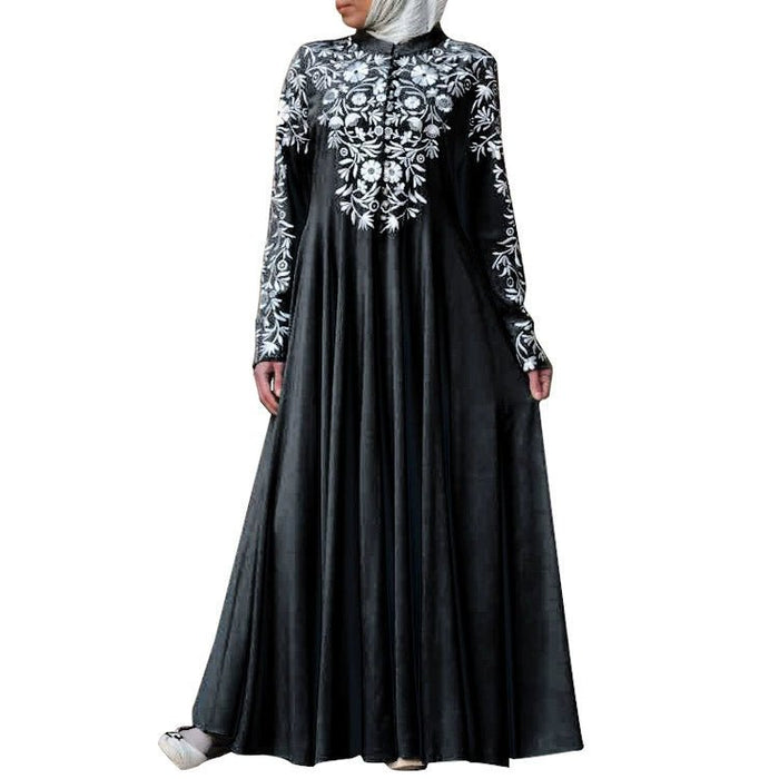 Middle East Arab Malay Elegant Retro Women's Stand Collar Print Large Swing Long Dress Dubai Travel Robe Dress - CLICK TIK