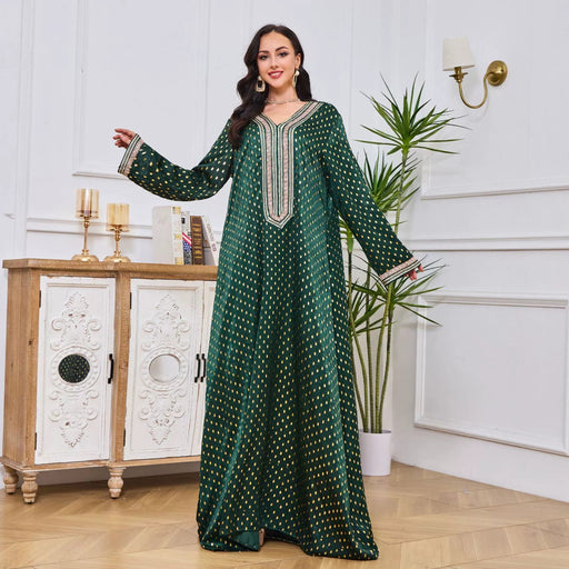 Middle East Women's Clothing Cross - Border New Arrival V Neck Dubai Robe Women's Large Swing Long Dress Bronzing A - line Skirt Yemen Dress - CLICK TIK