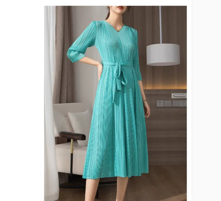 Miyake A - Line Solid Color V - Neck Dress with Belt: Stylish and Eye - Catching Three - Quarter Length for Women - CLICK TIK