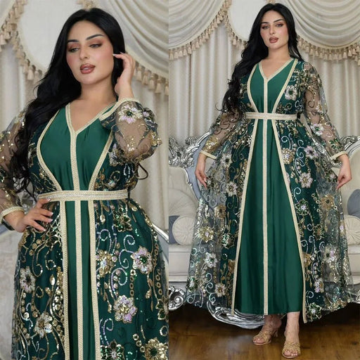 Moroccan Caftan 2 Pieces Set Muslim Dubai Abaya Kaftan For Wedding Women's 2024 New Sequins Flower Pattern Long Dress Clothing - CLICK TIK