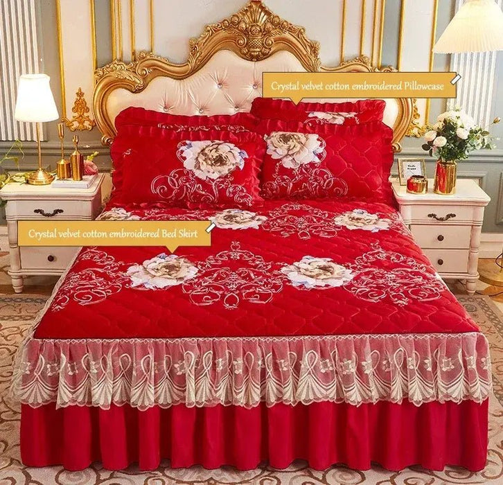 Princess Lace Quilted Crystal Cute Bed Sheets King Queen Size Thick Cotton Warm Velvet Bed Cover Wedding Bedspreads with Skirt - CLICK TIK