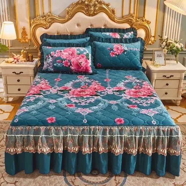 Princess Lace Quilted Crystal Cute Bed Sheets King Queen Size Thick Cotton Warm Velvet Bed Cover Wedding Bedspreads with Skirt - CLICK TIK