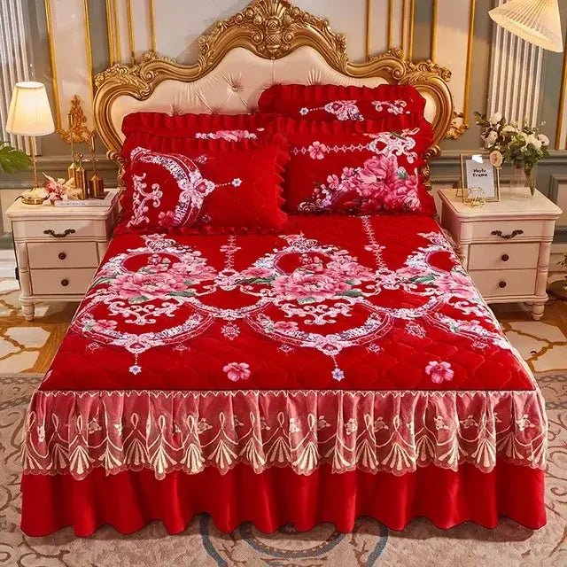 Princess Lace Quilted Crystal Cute Bed Sheets King Queen Size Thick Cotton Warm Velvet Bed Cover Wedding Bedspreads with Skirt - CLICK TIK