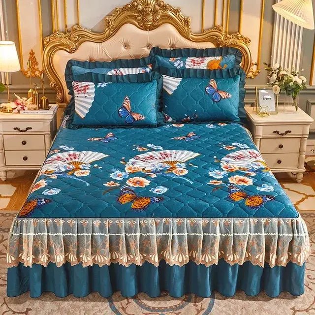 Princess Lace Quilted Crystal Cute Bed Sheets King Queen Size Thick Cotton Warm Velvet Bed Cover Wedding Bedspreads with Skirt - CLICK TIK