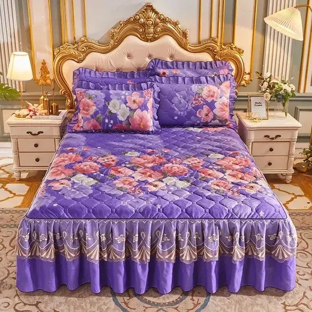 Princess Lace Quilted Crystal Cute Bed Sheets King Queen Size Thick Cotton Warm Velvet Bed Cover Wedding Bedspreads with Skirt - CLICK TIK