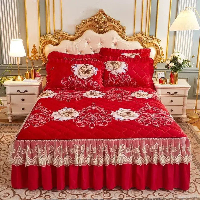 Princess Lace Quilted Crystal Cute Bed Sheets King Queen Size Thick Cotton Warm Velvet Bed Cover Wedding Bedspreads with Skirt - CLICK TIK