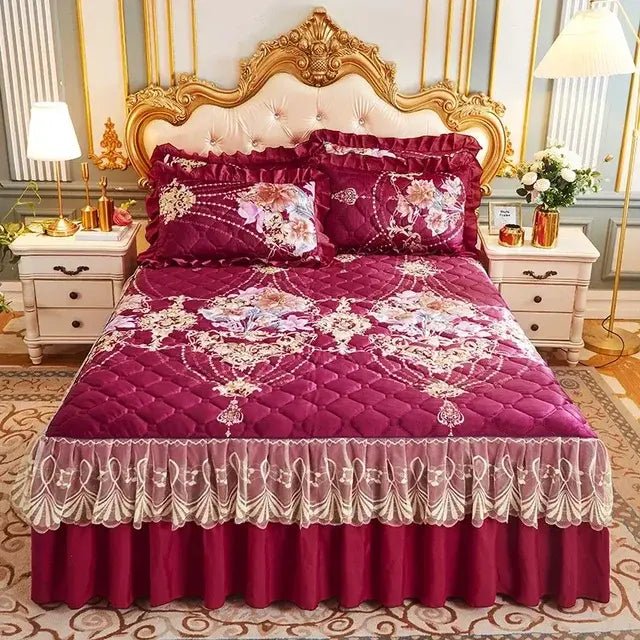 Princess Lace Quilted Crystal Cute Bed Sheets King Queen Size Thick Cotton Warm Velvet Bed Cover Wedding Bedspreads with Skirt - CLICK TIK