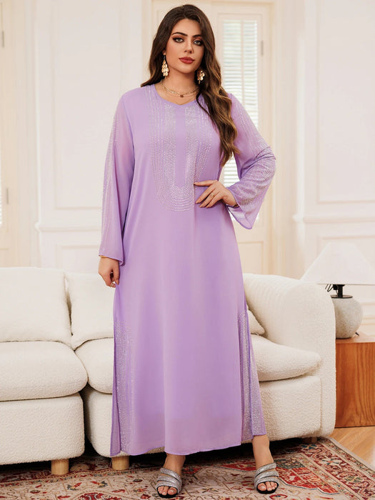 Purple Long Sleeve Women's Dress Drilling Middle East Simple Arabian Dubai Muslim Arab Turkish Kaftan High - quality Texture - CLICK TIK