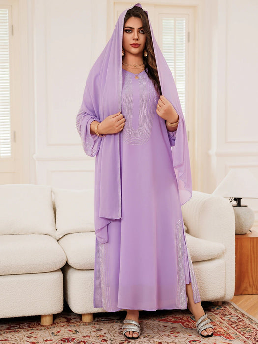 Purple Long Sleeve Women's Dress Drilling Middle East Simple Arabian Dubai Muslim Arab Turkish Kaftan High - quality Texture - CLICK TIK