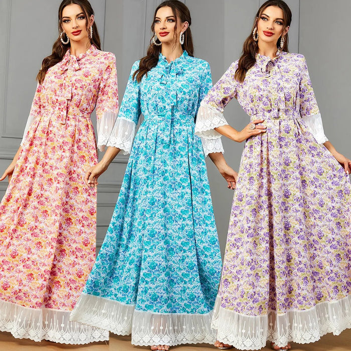 Ramadan Middle Eastern ethnic style European and American printed fashion dress Moroccan Muslim women's clothing Islamic robe - CLICK TIK