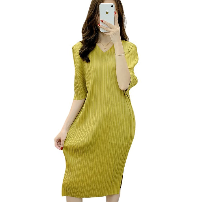 Sanzhai Pleated Loose V Solid Color Dress - CLICK TIK