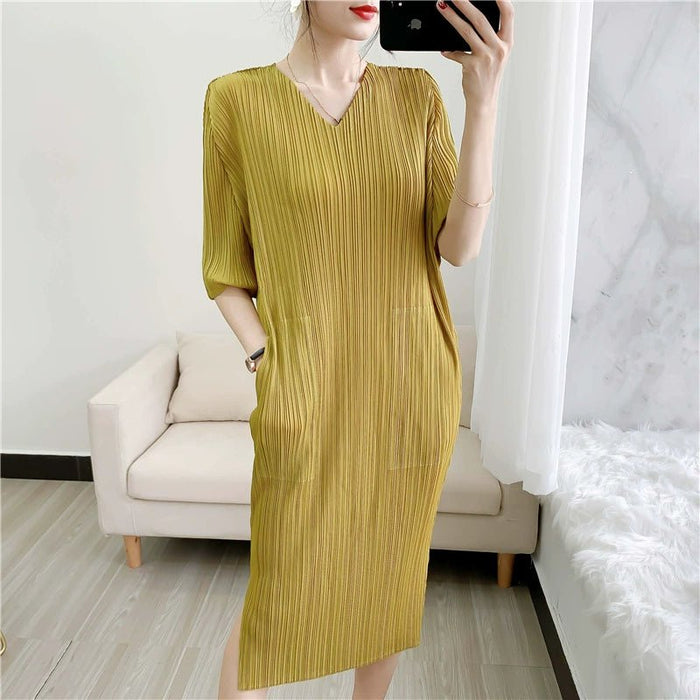 Sanzhai Pleated Loose V Solid Color Dress - CLICK TIK